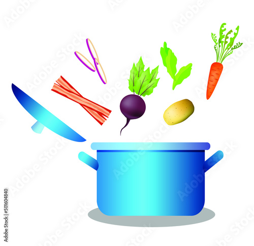 illustration in flat design style with a saucepan and products for making soup.