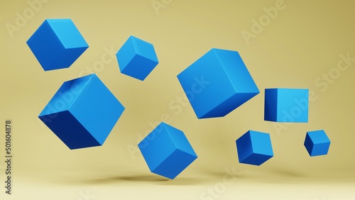 Blue cubes of different sizes suspended in weightlessness. Yellow background.