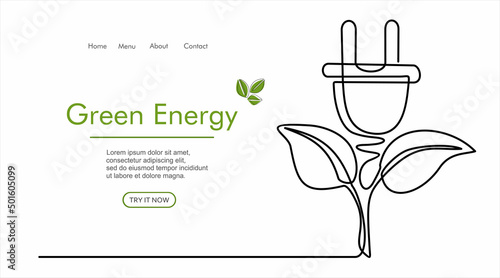 Sprout and plug like a plant in one line drawing. Save energy concept in minimalistic style. Can used for logo, emblem, slide show and banner. Vector illustration