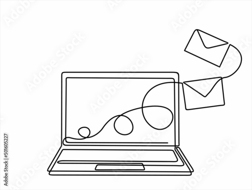 Laptop and envelopes e mail list building illustration continuous one line art illustration. Can used for logo, emblem, slide show and banner. Illustration with quote template. 