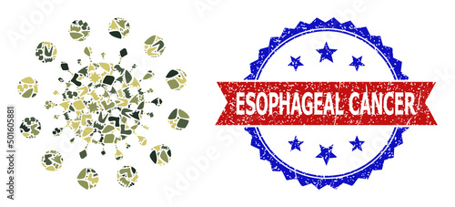 Military camouflage composition of coronavirus red zone icon, and bicolor grunge Esophageal Cancer watermark. Vector imprint with Esophageal Cancer tag inside red ribbon and blue rosette,