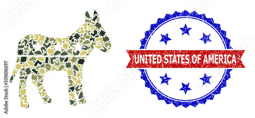 Military camouflage composition of democratic donkey icon, and bicolor dirty United States of America stamp. Vector seal with United States of America tag inside red ribbon and blue rosette,