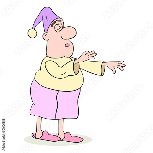 sleepwalker in a hubcap walks with his eyes closed and arms outstretched, cartoon, on a white background