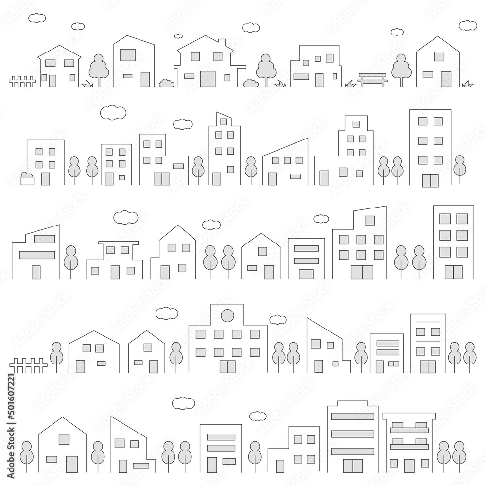 街並みのイラストの背景・パーツ素材セット ベクター 街並みのイラストの背景・パーツ素材セット ベクター