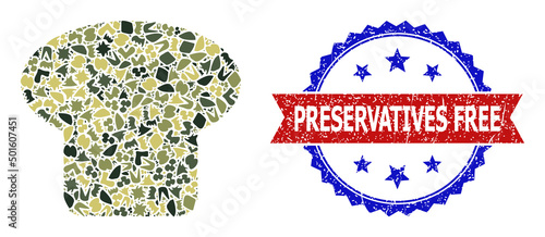 Military camouflage mosaic of mushroom icon, and bicolor grunge Preservatives Free seal stamp. Vector watermark with Preservatives Free text inside red ribbon and blue rosette, retro bicolored style.