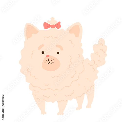 Fluffy shaggy dog ​​breed pomeranian. Funny cartoon dog pet, isolated vector illustration for print, game, party, kids design.