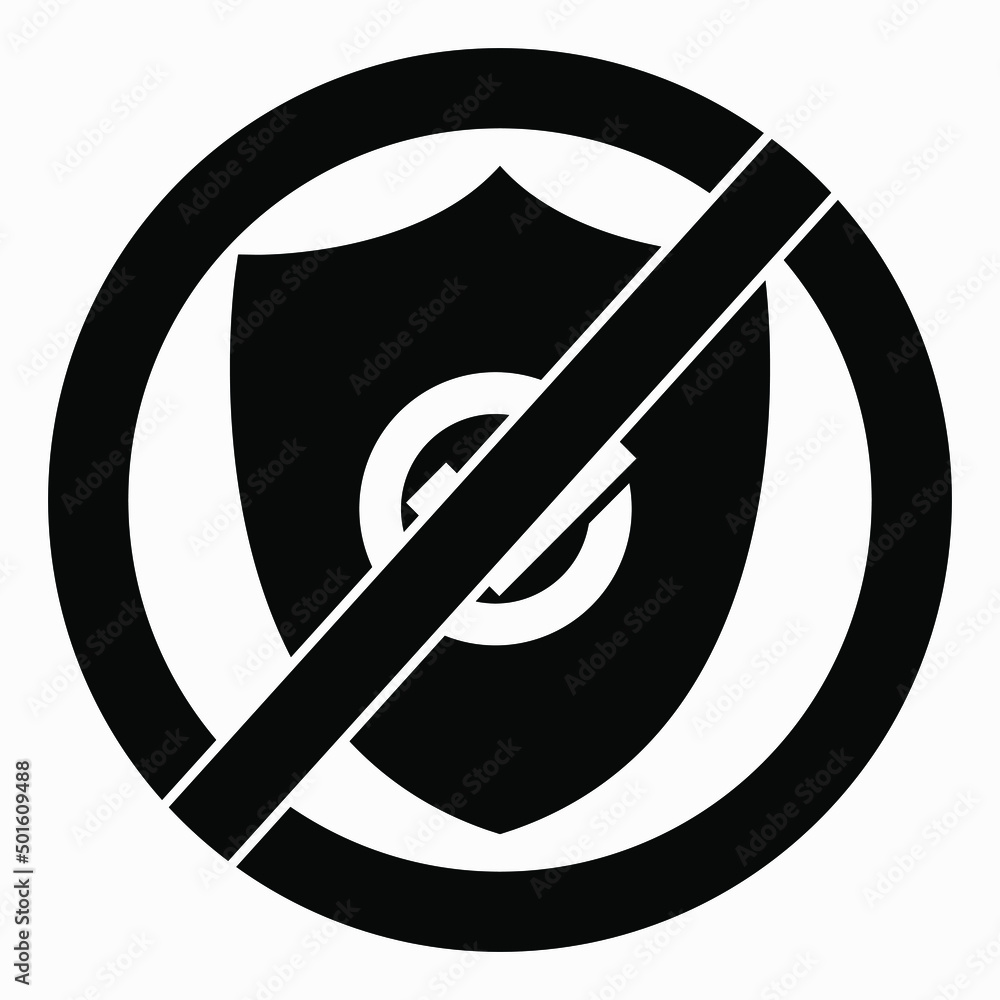 Ban shield icon. Bad defense. High level of risk. Symbol of low protection. Protection icon. Vector icon. Ban shield icon. Bad defense. High level of risk. Symbol of low protection. Protection icon. Vector icon.