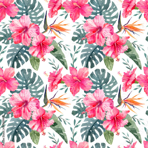 Tropical seamless pattern with watercolor botany. Pink hibiscus flowers and green monstera and palm leaves. Floral background for fabric, wallpaper, wrapping paper