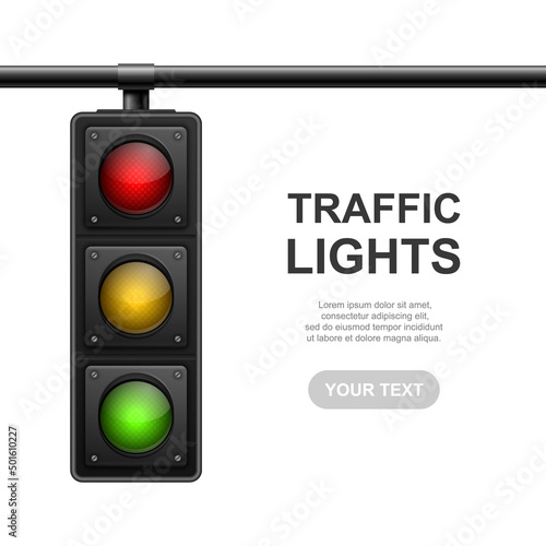 Vector Banner with 3d Realistic Detailed Road Traffic Lights IconIsolated. Safety Rules Concept, Design Templete. Stoplight, Traffic Lights Template