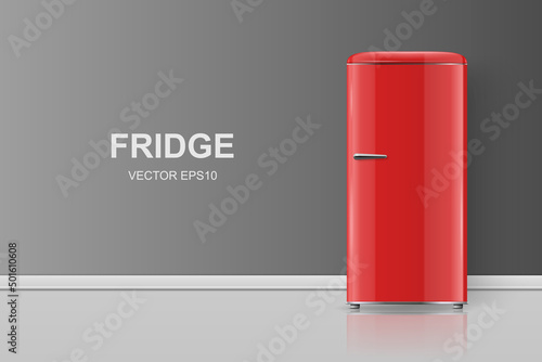 Vector Banner with 3d Realistic Red Retro Vintage Fridge Isolated. Vertical Simple Refrigerator. Closed Fridge. Design Template, Mockup of Fridge. Front View