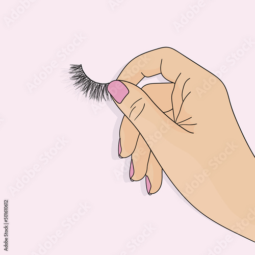 Woman holding false eyelashes in hand vector illustration