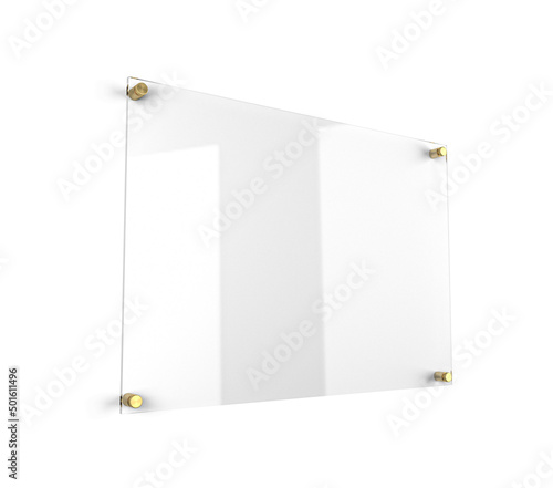 Transparent acrylic sign. 3d rendering. Transparent acrylic plate. Glass plate with gold fasteners on white background