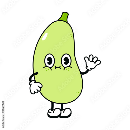 Cute funny vegetable marrow waving hand character. Vector hand drawn traditional cartoon vintage, retro, kawaii character illustration icon. Isolated on white background. Vegetable marrow character