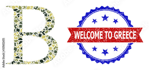 Military camouflage combination of Beta Greek letter icon, and bicolor textured Welcome to Greece seal stamp. Vector seal with Welcome to Greece caption inside red ribbon and blue rosette,