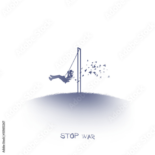 Boy on swing. Dying child. Victim of war. Isolated blue silhouette
