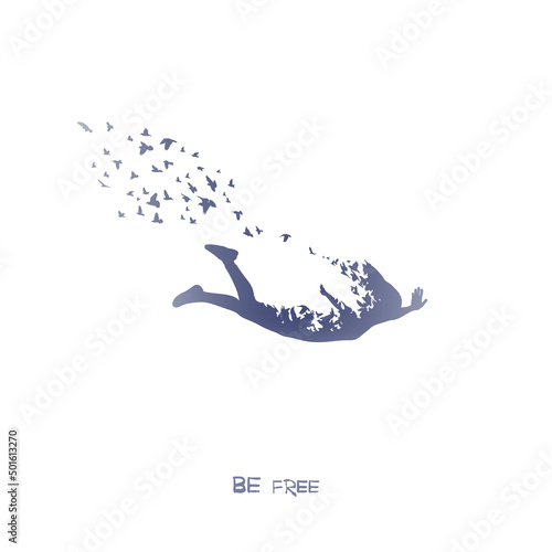 Falling girl. Flying birds. Freedom concept. Isolated blue silhouette