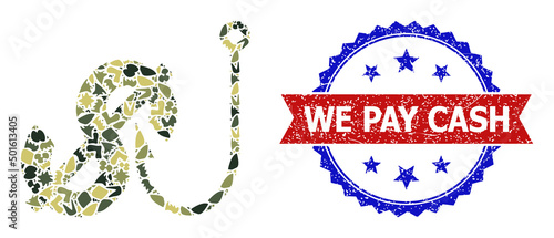 Military camouflage composition of dollar fishing icon, and bicolor scratched We Pay Cash watermark. Vector imprint with We Pay Cash text inside red ribbon and blue rosette, scratched bicolored style.