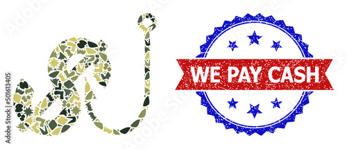 Military camouflage composition of dollar fishing icon, and bicolor scratched We Pay Cash watermark. Vector imprint with We Pay Cash text inside red ribbon and blue rosette, scratched bicolored style. photo