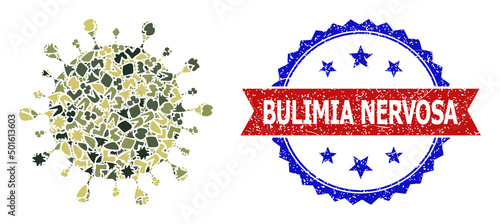 Military camouflage mosaic of Covid virus icon, and bicolor unclean Bulimia Nervosa watermark. Vector watermark with Bulimia Nervosa caption inside red ribbon and blue rosette, grunge bicolored style.