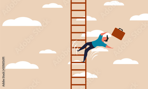 Business career fail and character falling to trouble. Finance problem descend and ladder stumbling vector illustration concept. Insurance employee and people tripping for work. Looser businessman