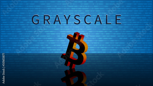 Banner of Grayscale Corporation with Bitcoin BTC symbol on blue background. Leader company buying bitcoins and other digital currencies and pushing the market upwards.