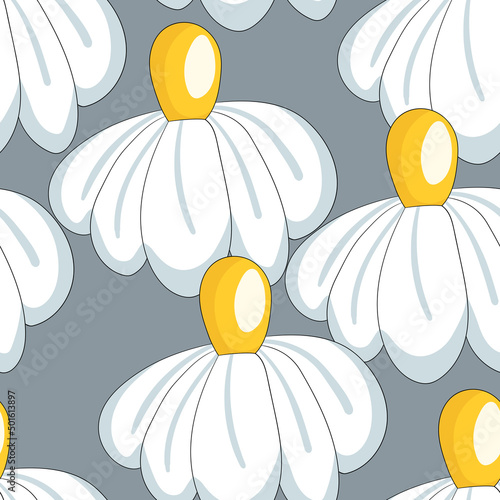 Seamless floral pattern based on traditional folk art ornaments. Colorful chamomile, daisy flowers on color background. Scandinavian style. Vector illustration. Simple minimalistic pattern