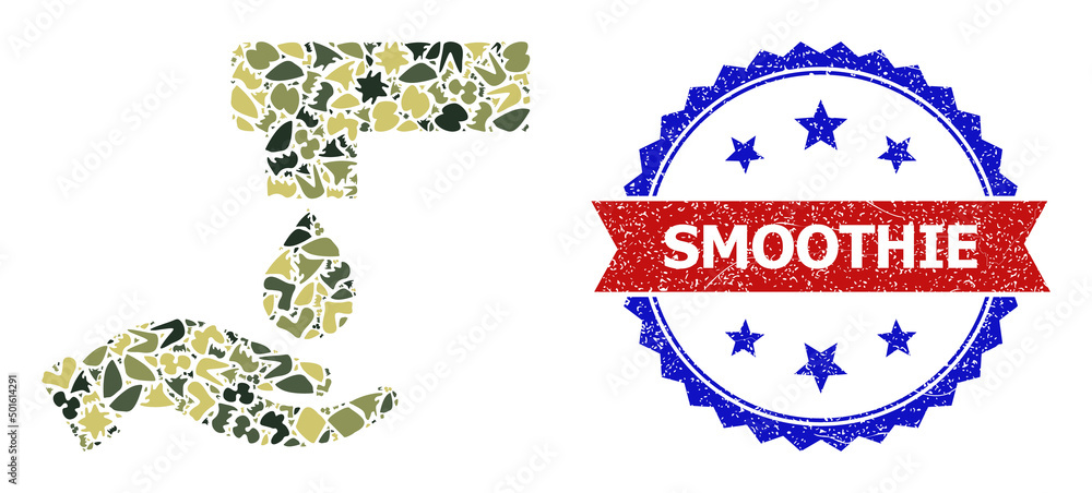 Military camouflage mosaic of hand washing icon, and bicolor dirty Smoothie seal stamp. Vector seal with Smoothie caption inside red ribbon and blue rosette, retro bicolored style. Military camouflage mosaic of hand washing icon, and bicolor dirty Smoothie seal stamp. Vector seal with Smoothie caption inside red ribbon and blue rosette, retro bicolored style.