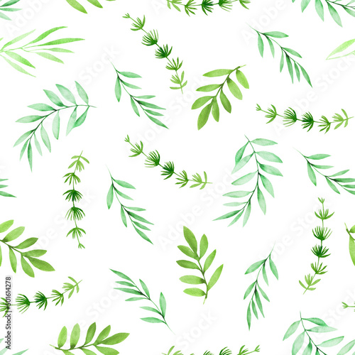 Watercolor floral seamless pattern with green twigs  leaves  herbs. Best for wedding invitations  fabric  wallpaper  wrapping paper  greeting cards