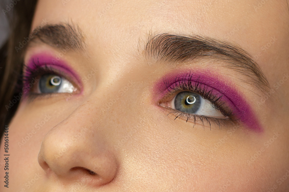 Obraz premium Cosmetics and make-up. Beautiful female eye with sexy pink liner makeup. Fashion big arrow shape on woman's eyelid. Chic evening make-up