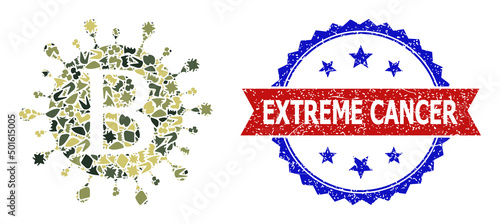 Military camouflage composition of Beta coronavirus icon, and bicolor grunge Extreme Cancer seal. Vector seal with Extreme Cancer text inside red ribbon and blue rosette, unclean bicolored style.