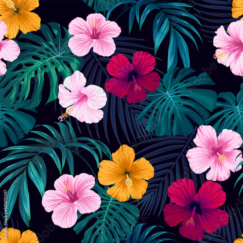 Seamless hand drawn tropical vector pattern with bright hibiscus flowers and exotic palm leaves on dark background.
