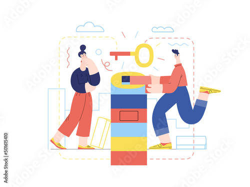 Technology Memphis - Solution - modern flat vector concept digital illustration Problem Solution metaphor, abstract. Business workflow management. Creative landing web page illustration