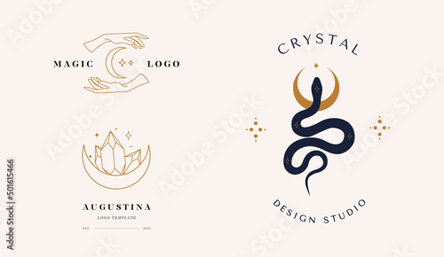 A set of logos in a linear style. Magic snake with moon, star, hands and crescents. Mystical symbols in a trendy minimalist style.
