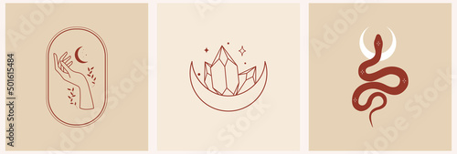 Magic snake with moon, star and crescents. Mystical symbols in a trendy minimalist style on a light background. Cosmic minimalistic scene with snake, branch, celestial bodies.