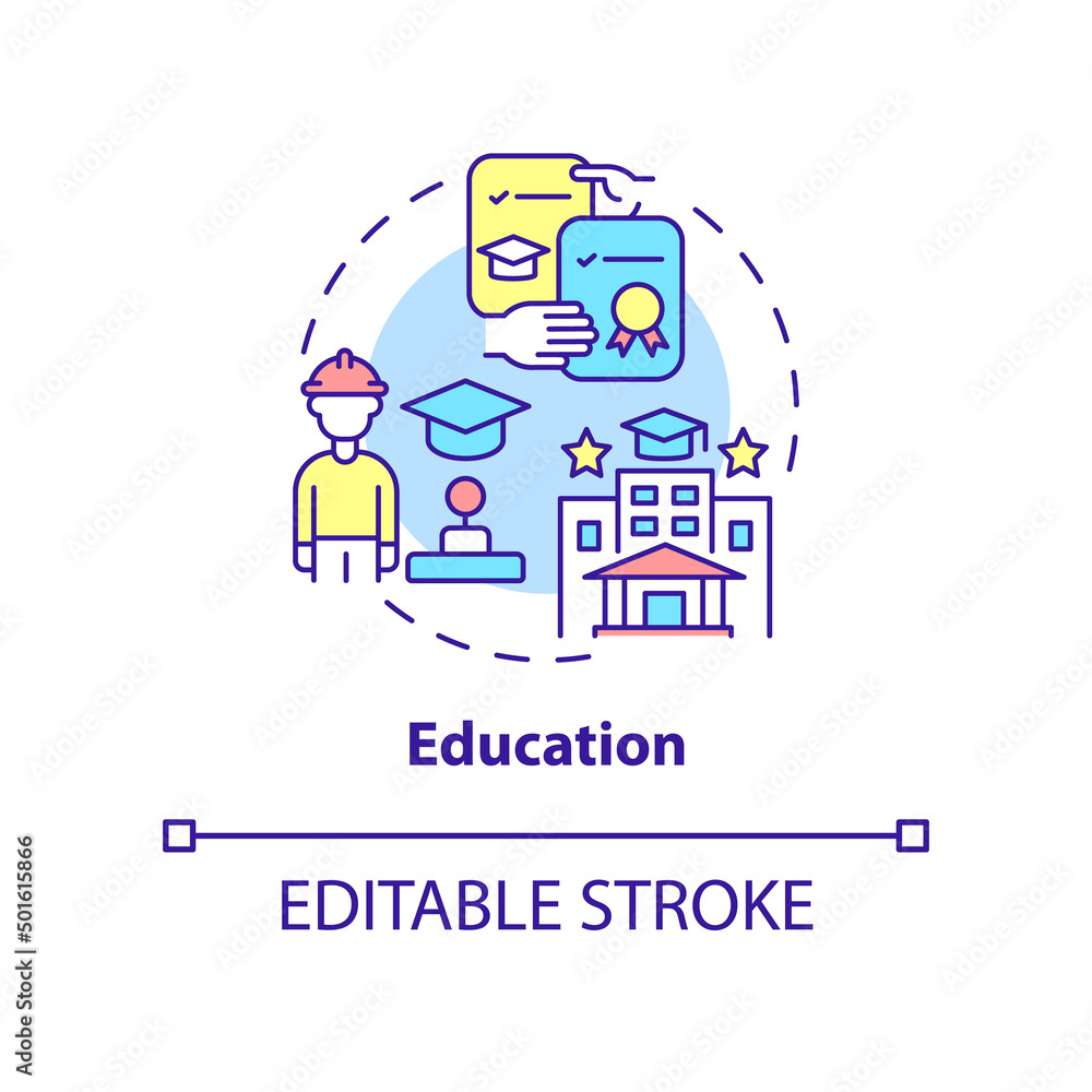 Education concept icon. Obtain knowledge and skills. Social institution abstract idea thin line illustration. Isolated outline drawing. Editable stroke. Arial, Myriad Pro-Bold fonts used Education concept icon. Obtain knowledge and skills. Social institution abstract idea thin line illustration. Isolated outline drawing. Editable stroke. Arial, Myriad Pro-Bold fonts used