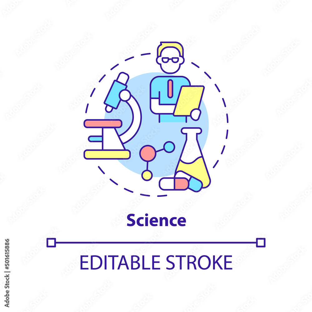 Science concept icon. Knowledge explanations and predictions. Social institution abstract idea thin line illustration. Isolated outline drawing. Editable stroke. Arial, Myriad Pro-Bold fonts used Science concept icon. Knowledge explanations and predictions. Social institution abstract idea thin line illustration. Isolated outline drawing. Editable stroke. Arial, Myriad Pro-Bold fonts used
