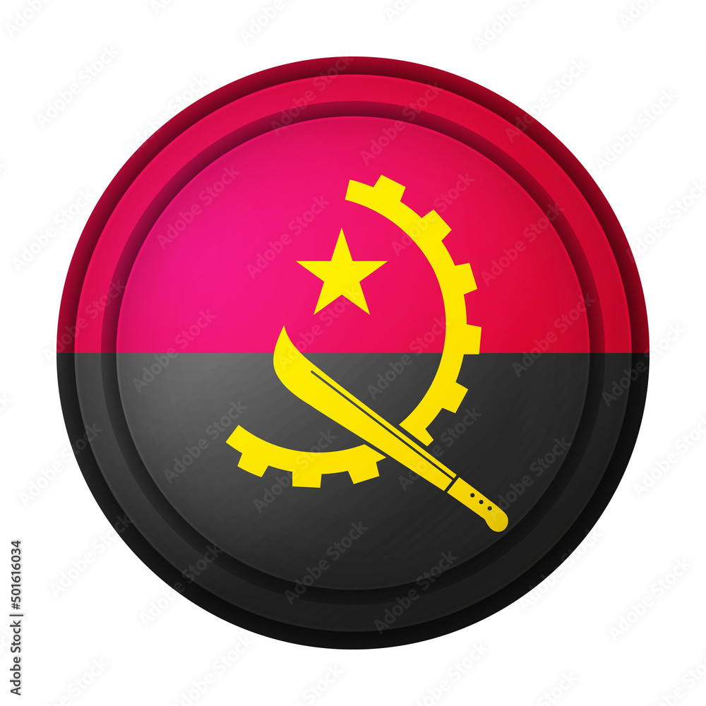 Round icon with flag of Angola. Glass light ball, sticker, sphere. Angolan national symbol. Glossy realistic ball, 3D abstract vector illustration. Template big bubble Round icon with flag of Angola. Glass light ball, sticker, sphere. Angolan national symbol. Glossy realistic ball, 3D abstract vector illustration. Template big bubble