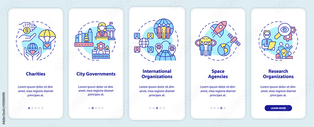 Institutions examples onboarding mobile app screen. Organizations walkthrough 5 steps graphic instructions pages with linear concepts. UI, UX, GUI template. Myriad Pro-Bold, Regular fonts used