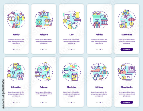 Social institutions onboarding mobile app screen set. Walkthrough 5 steps graphic instructions pages with linear concepts. UI, UX, GUI template. Myriad Pro-Bold, Regular fonts used