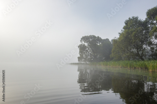 Mystical landscape. Fog in the early morning on the river. The trees near the water are illuminated by the rays of the rising sun.