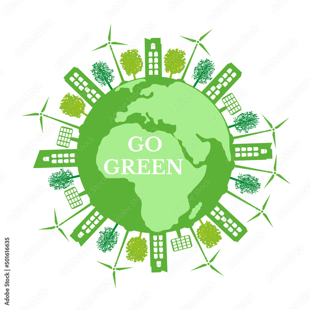 Concept of planet earth with green city, green trees and renewable energy sources. Ecology concept and environment conservation. Earth day. Go green.