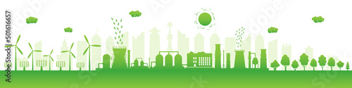 Environmentally friendly production. Green energy with wind energy and solar panels. Silhouette of green city. Think green. Vector illustration.