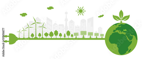Green city with renewable energy sources. Ecological city and environment conservation. Sustainable development concept. Save the world.