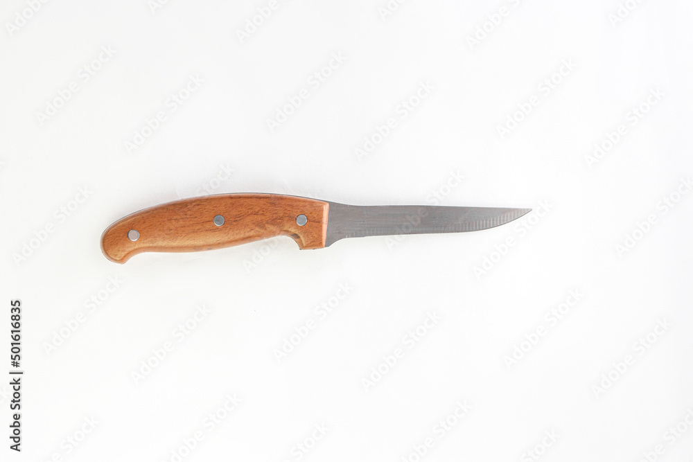 Kitchen chef knive for fruit laying on white background, flat lay, view from above, space for a text Kitchen chef knive for fruit laying on white background, flat lay, view from above, space for a text