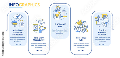 Boosting mental health and wellbeing rectangle infographic template. Data visualization with 5 steps. Process timeline info chart. Workflow layout with line icons. Lato-Bold, Regular fonts used