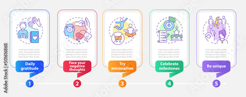 Exercises for self appreciation rectangle infographic template. Data visualization with 5 steps. Process timeline info chart. Workflow layout with line icons. Myriad Pro-Bold, Regular fonts used