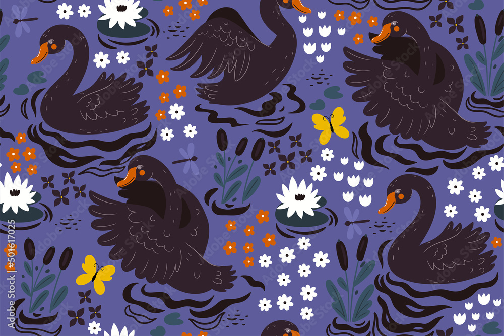 Seamless pattern with black swans on the pond. Vector graphics. Seamless pattern with black swans on the pond. Vector graphics.