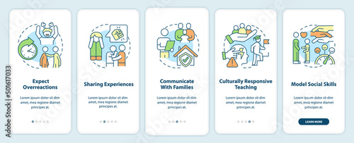Trauma informed teaching onboarding mobile app screen. Education trends walkthrough 5 steps graphic instructions pages with linear concepts. UI, UX, GUI template. Myriad Pro-Bold, Regular fonts used