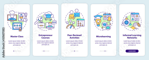 Online education trends onboarding mobile app screen. Learning channel walkthrough 5 steps graphic instructions pages with linear concepts. UI, UX, GUI template. Myriad Pro-Bold, Regular fonts used