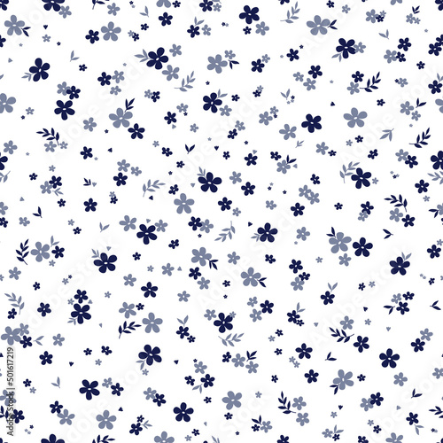 Obraz na płótnie Floral seamless pattern with cute small blue flowers on white. Ditsy print for fabric, textile, baby clothes, bed linen. w salonie